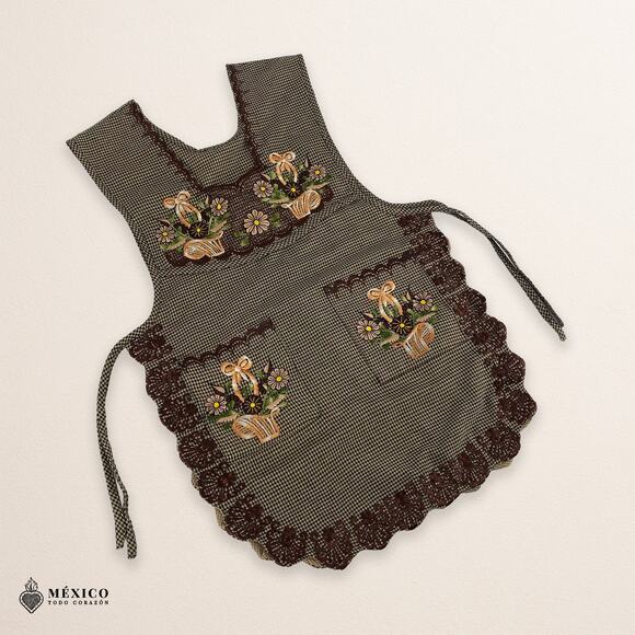 Brown Mexican Embroidered Smock Apron – Floral Traditional Design for Women - Picture 5 of 8